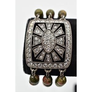 Haley Hill Vintage Crystal Bracelet Cabochon Beaded Silver Green Signed 80s Bin5